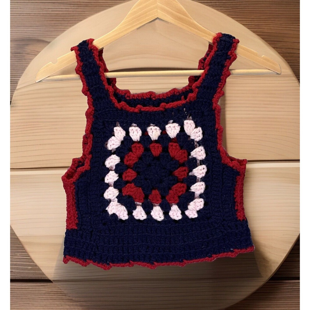 Handmade Crocheted Girls Small Red White Blue Granny Square Sleeveless Tank Top‎